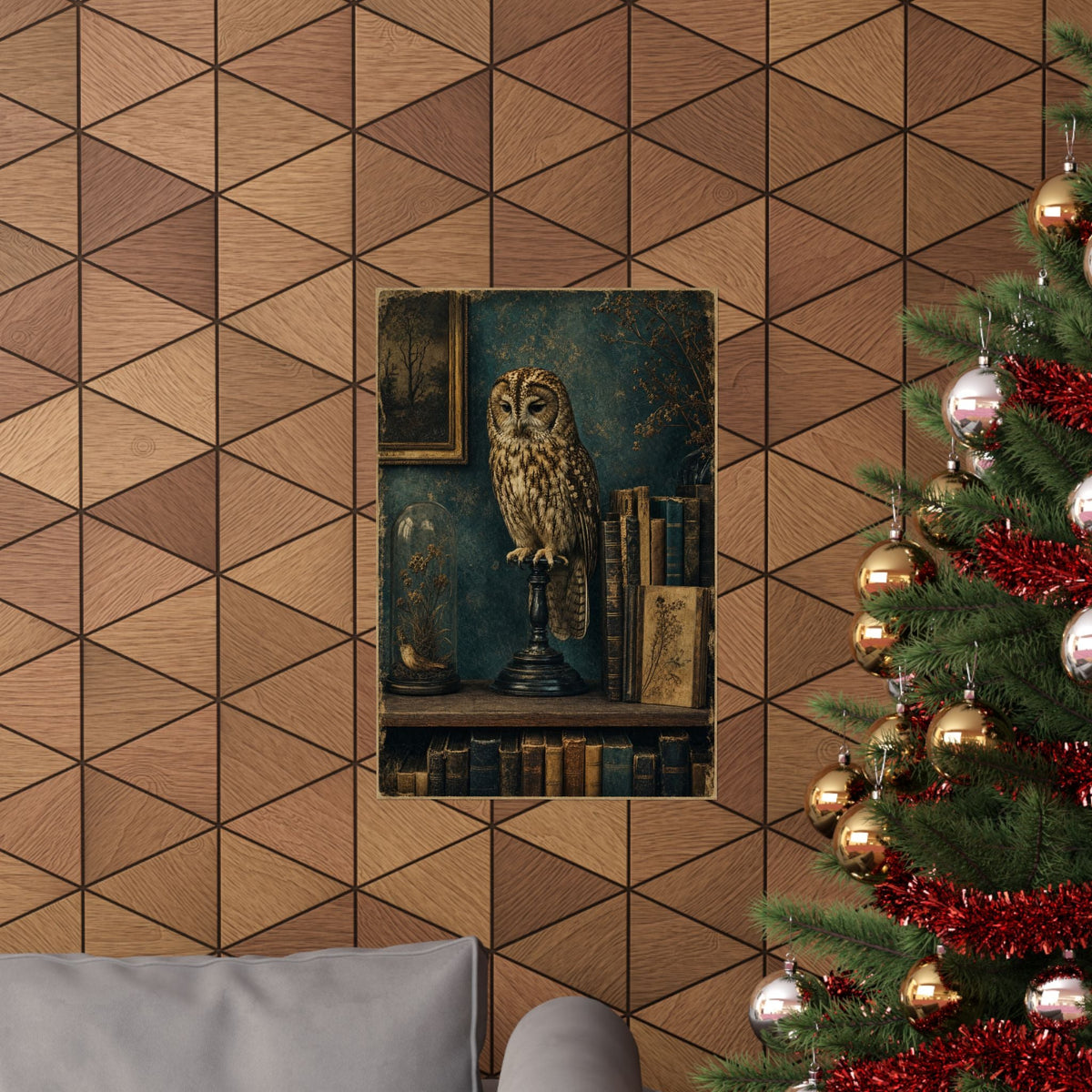 Taxidermy Owl On Bookshelf - Dark Academia Art Print (Matte Poster) - Moikas