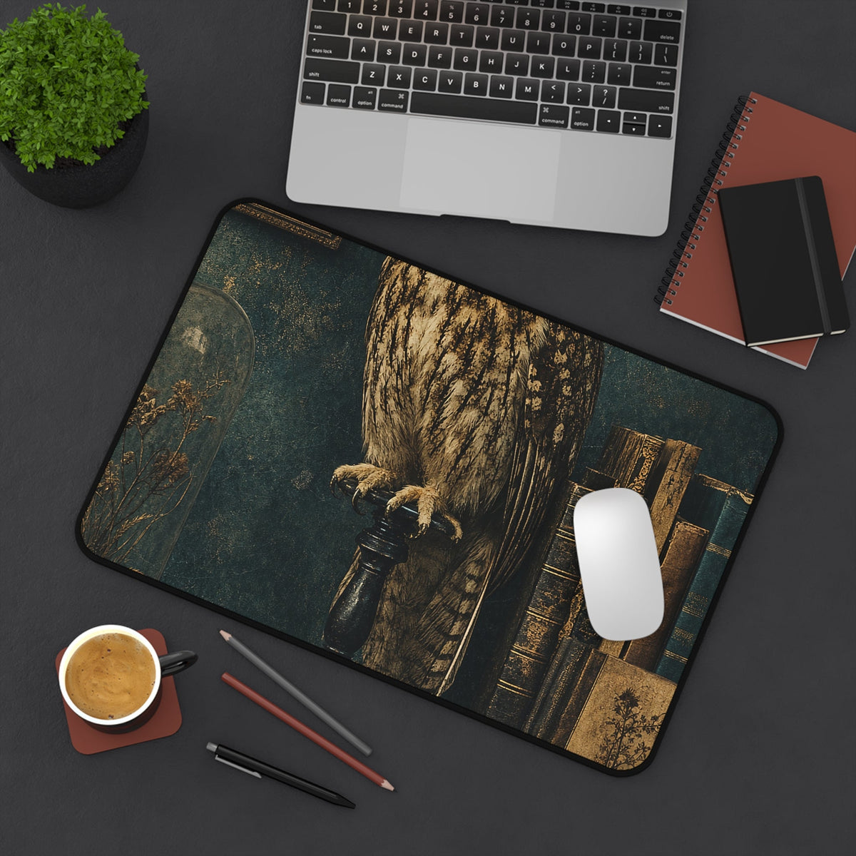 Taxidermy Owl On Bookshelf - Dark Academia Gaming Desk Mat - Moikas