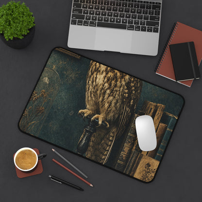 Taxidermy Owl On Bookshelf - Dark Academia Gaming Desk Mat - Moikas