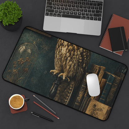 Taxidermy Owl On Bookshelf - Dark Academia Gaming Desk Mat - Moikas