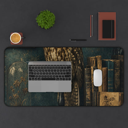 Taxidermy Owl On Bookshelf - Dark Academia Gaming Desk Mat - Moikas
