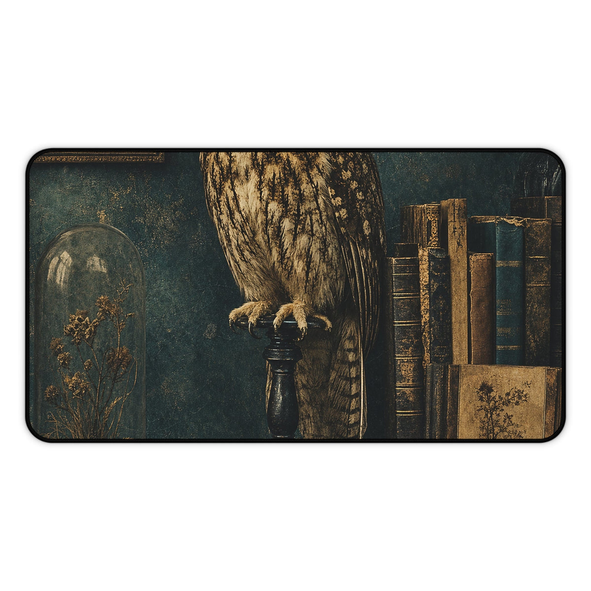 Taxidermy Owl On Bookshelf - Dark Academia Gaming Desk Mat - Moikas