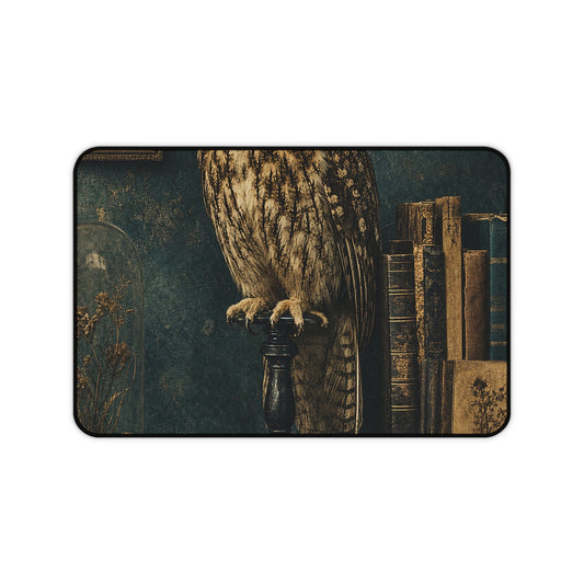 Taxidermy Owl On Bookshelf - Dark Academia Gaming Desk Mat - Moikas