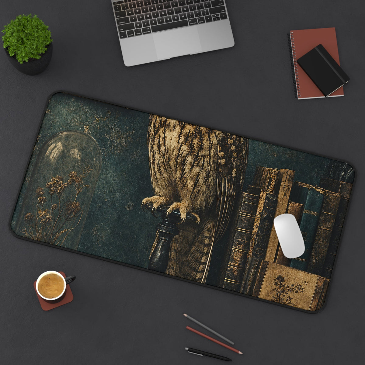 Taxidermy Owl On Bookshelf - Dark Academia Gaming Desk Mat - Moikas