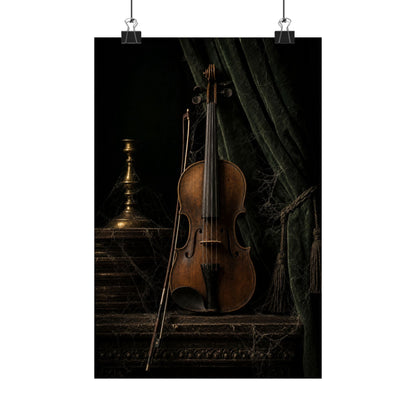 Violin On Dark Stage - Dark Academia Art Print (Matte Poster) - Moikas