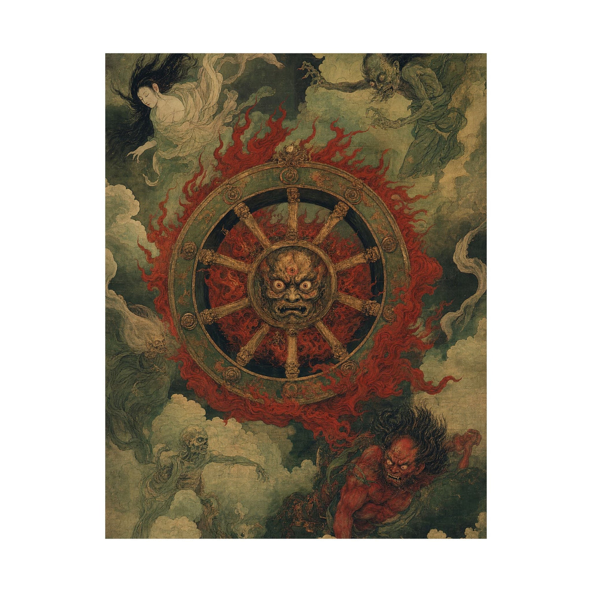 Wanyudo Burning Wheel With Face - Japanese Mythology Art Print (Matte Poster) - Moikas