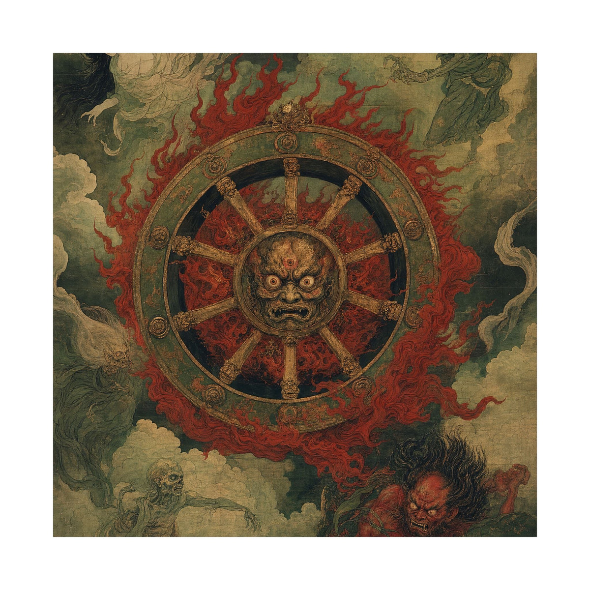 Wanyudo Burning Wheel With Face - Japanese Mythology Art Print (Matte Poster) - Moikas