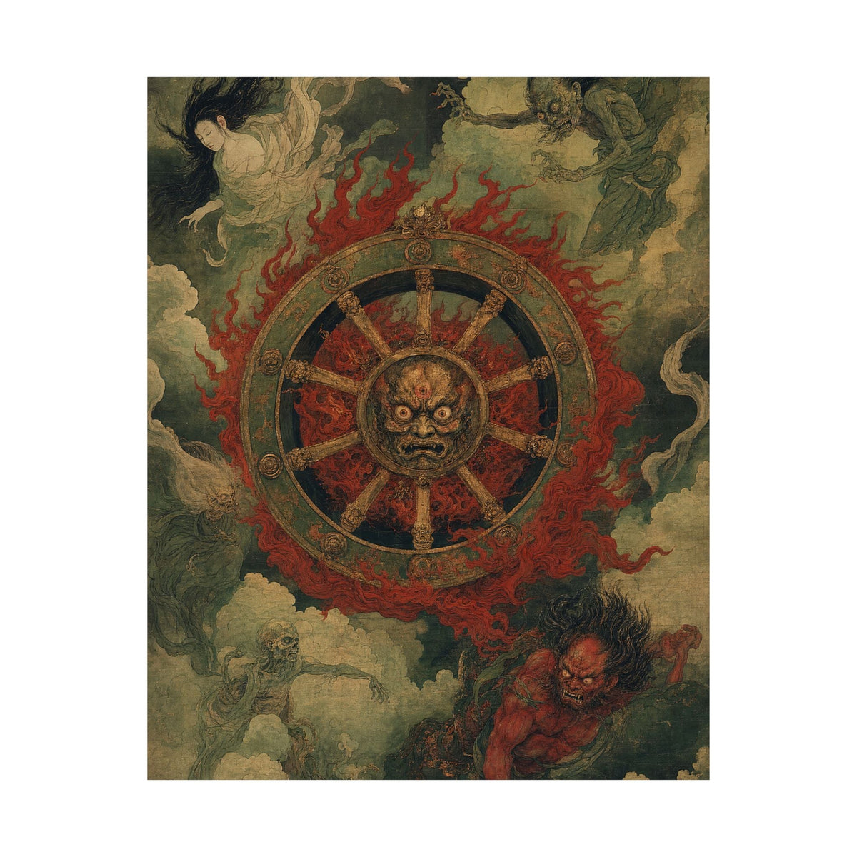 Wanyudo Burning Wheel With Face - Japanese Mythology Art Print (Matte Poster) - Moikas
