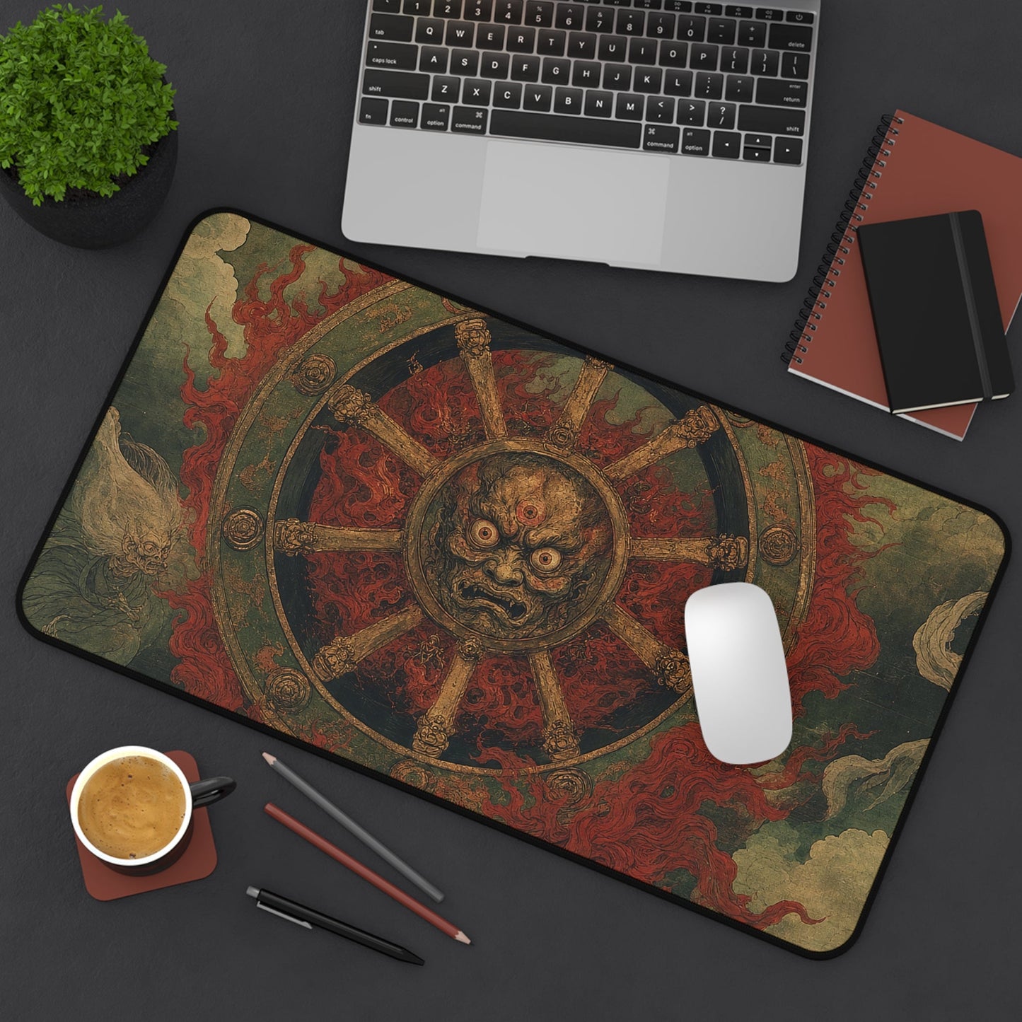 Wanyudo Burning Wheel With Face - Japanese Mythology Gaming Desk Mat - Moikas