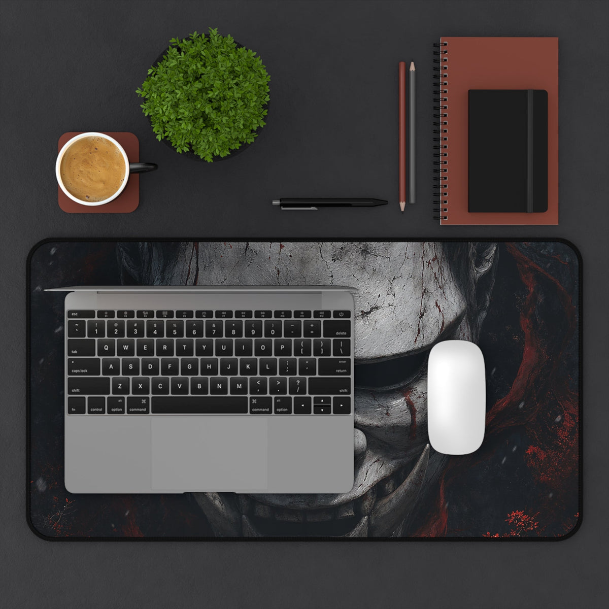 White Oni Mask With Hollow Black Eyes - Sudoni Brand Gaming Desk Mat - Moikas