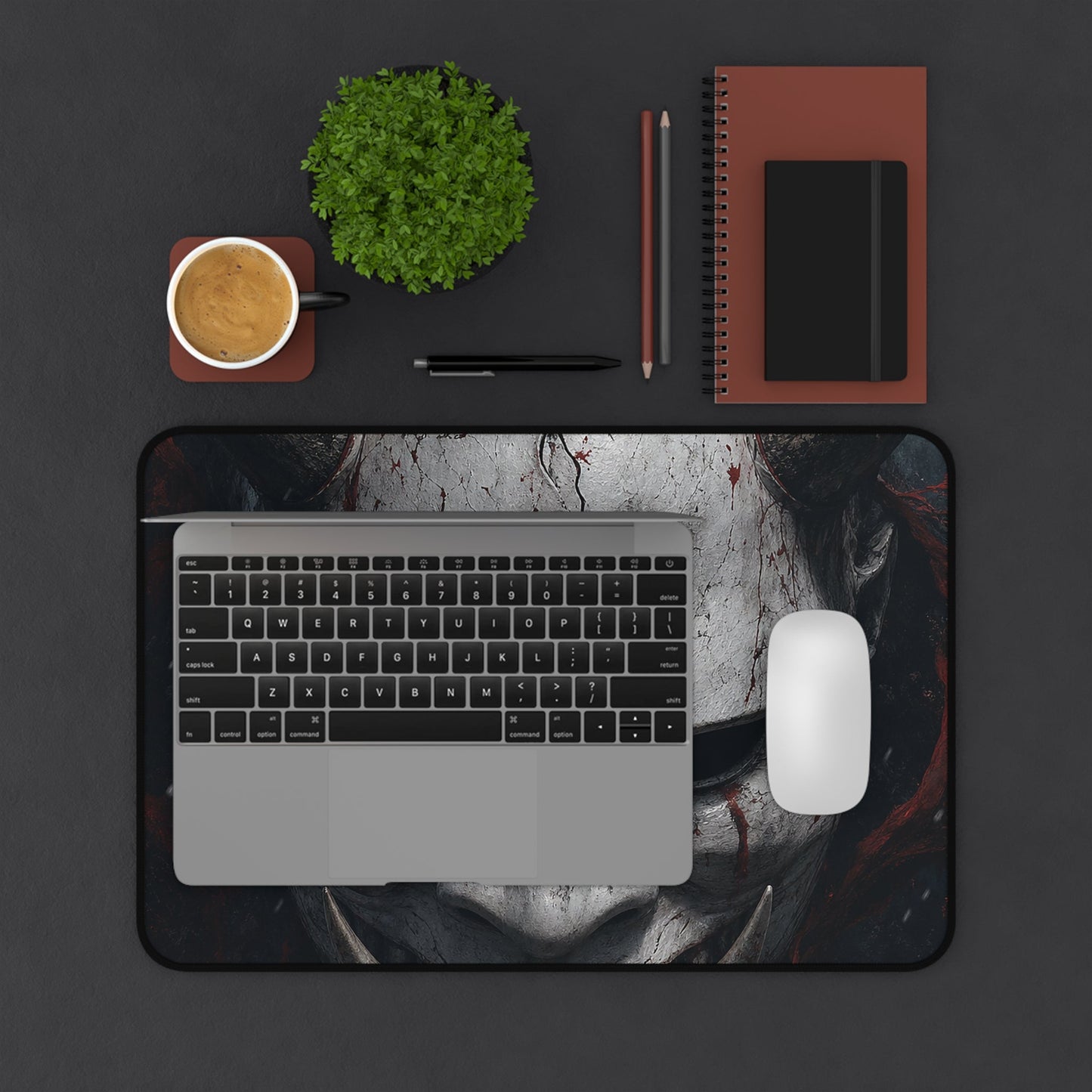 White Oni Mask With Hollow Black Eyes - Sudoni Brand Gaming Desk Mat - Moikas