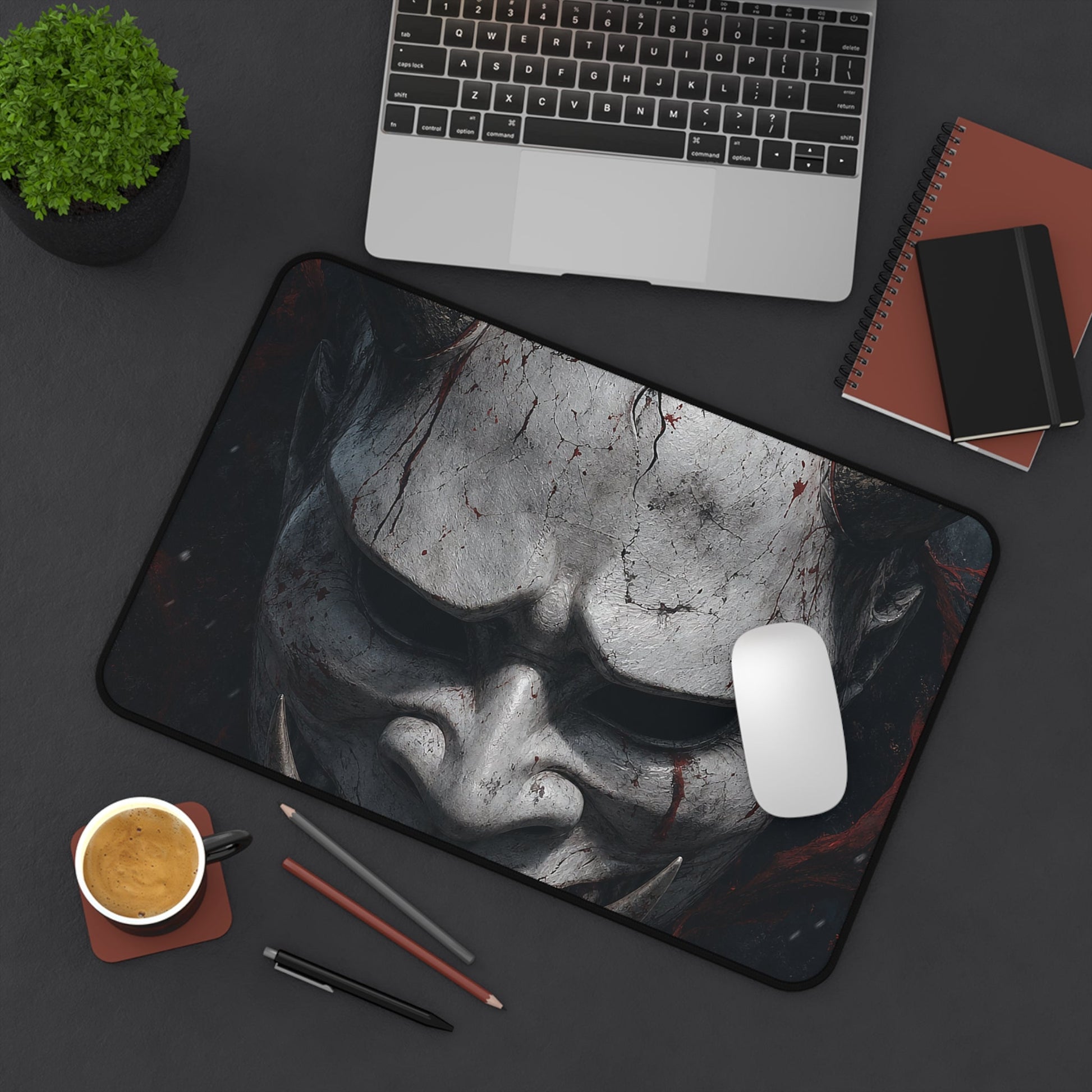 White Oni Mask With Hollow Black Eyes - Sudoni Brand Gaming Desk Mat - Moikas