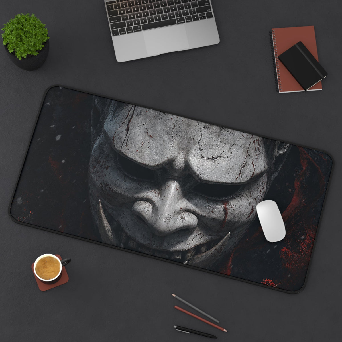 White Oni Mask With Hollow Black Eyes - Sudoni Brand Gaming Desk Mat - Moikas