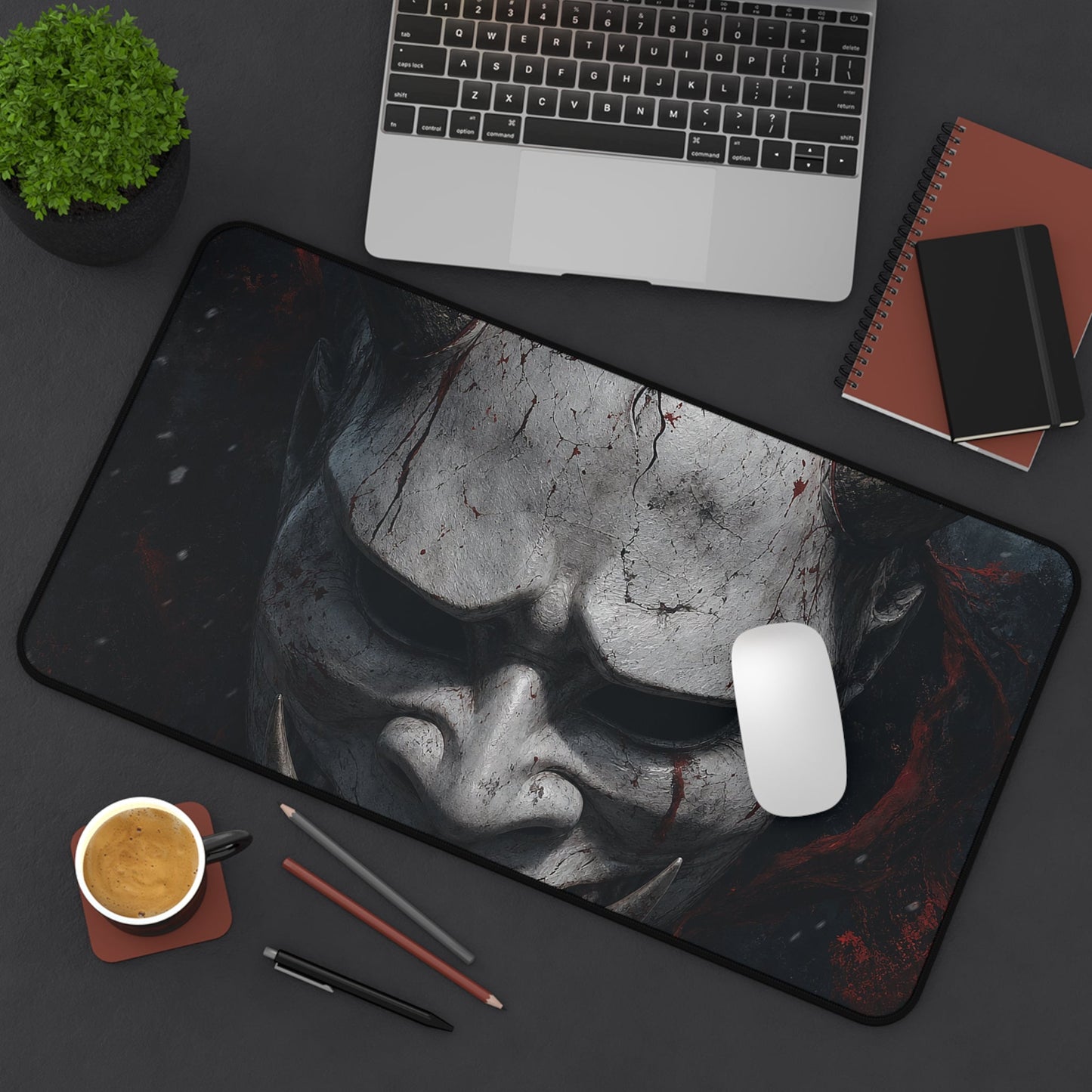 White Oni Mask With Hollow Black Eyes - Sudoni Brand Gaming Desk Mat - Moikas