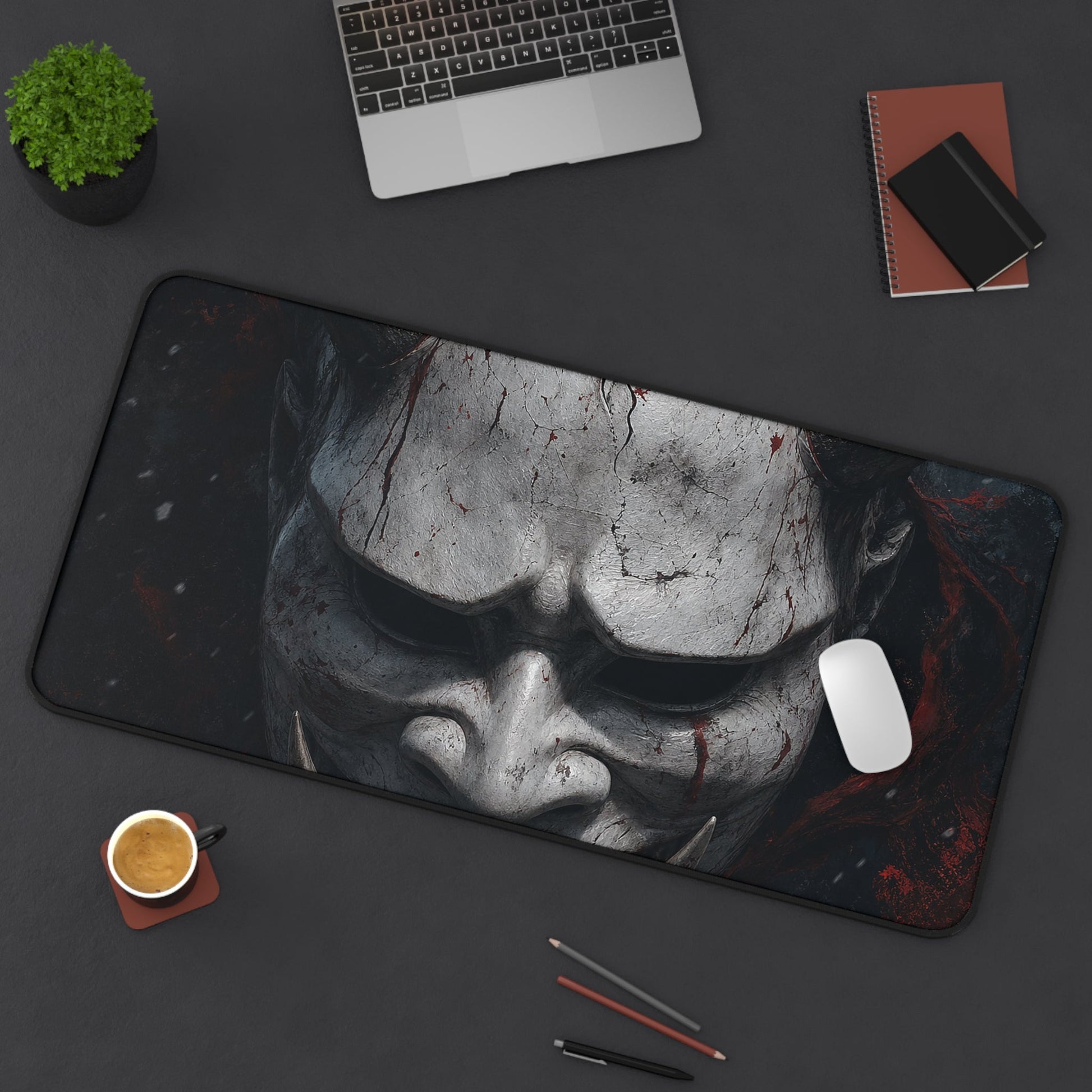 White Oni Mask With Hollow Black Eyes - Sudoni Brand Gaming Desk Mat - Moikas