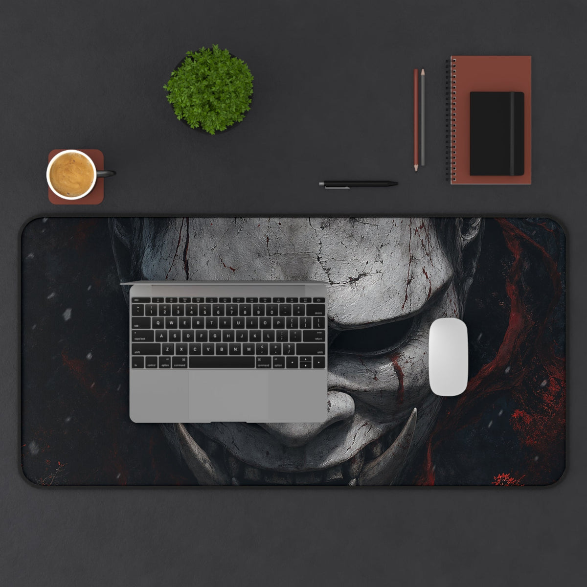 White Oni Mask With Hollow Black Eyes - Sudoni Brand Gaming Desk Mat - Moikas