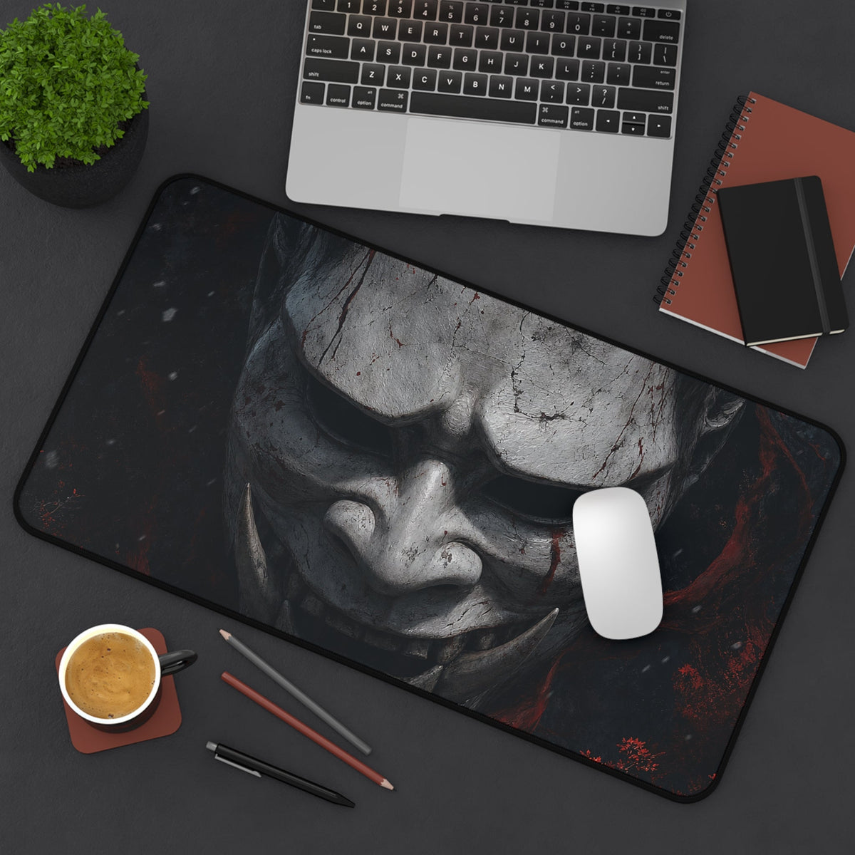 White Oni Mask With Hollow Black Eyes - Sudoni Brand Gaming Desk Mat - Moikas