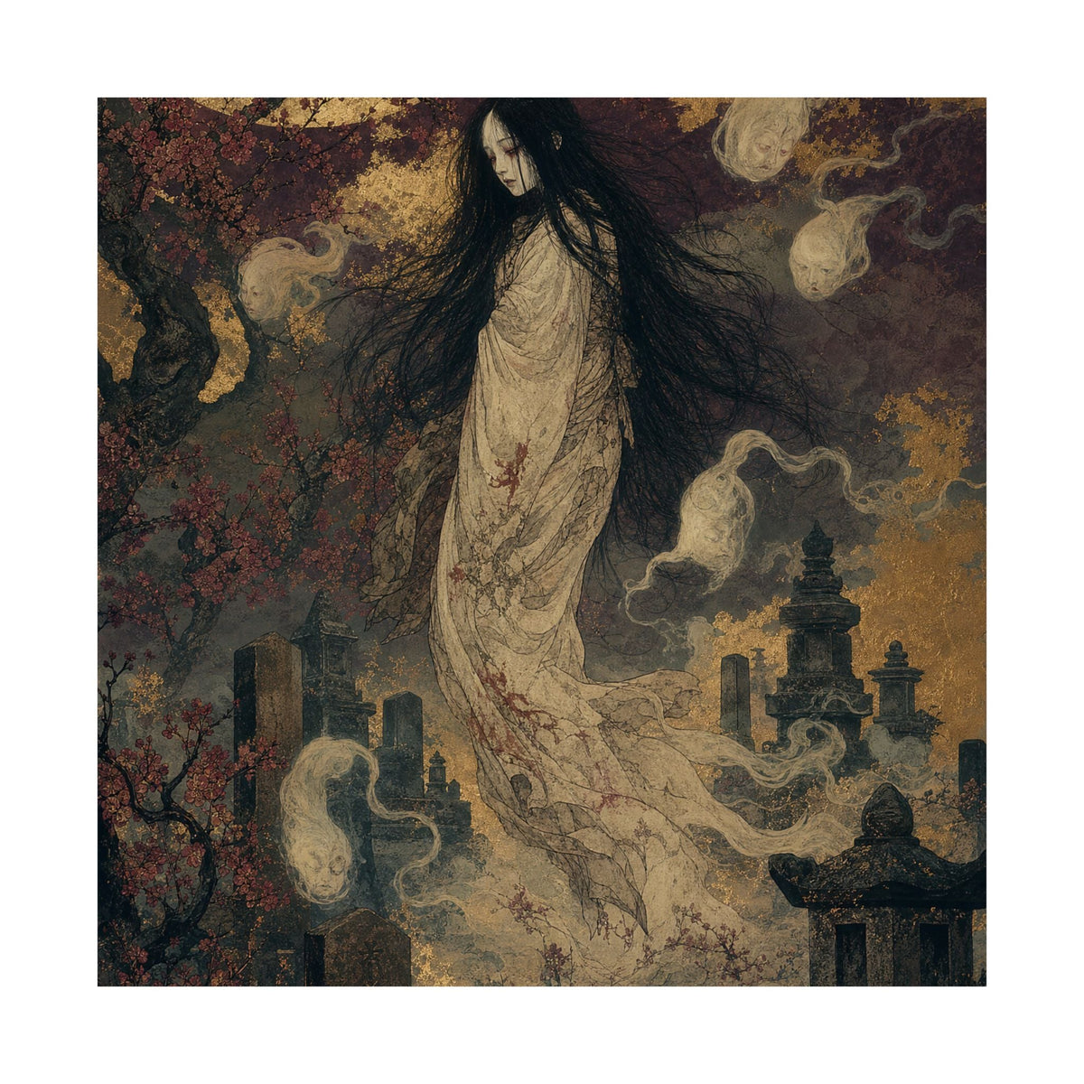 Yurei Ghost In Misty Graveyard - Japanese Mythology Art Print (Matte Poster) - Moikas