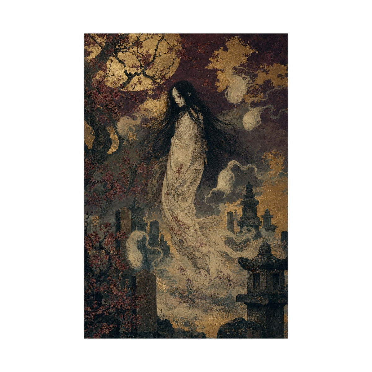Yurei Ghost In Misty Graveyard - Japanese Mythology Art Print (Matte Poster) - Moikas