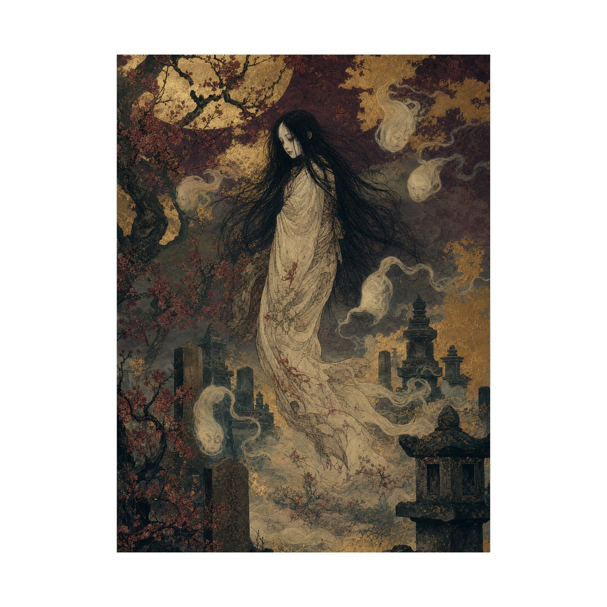 Yurei Ghost In Misty Graveyard - Japanese Mythology Art Print (Matte Poster) - Moikas