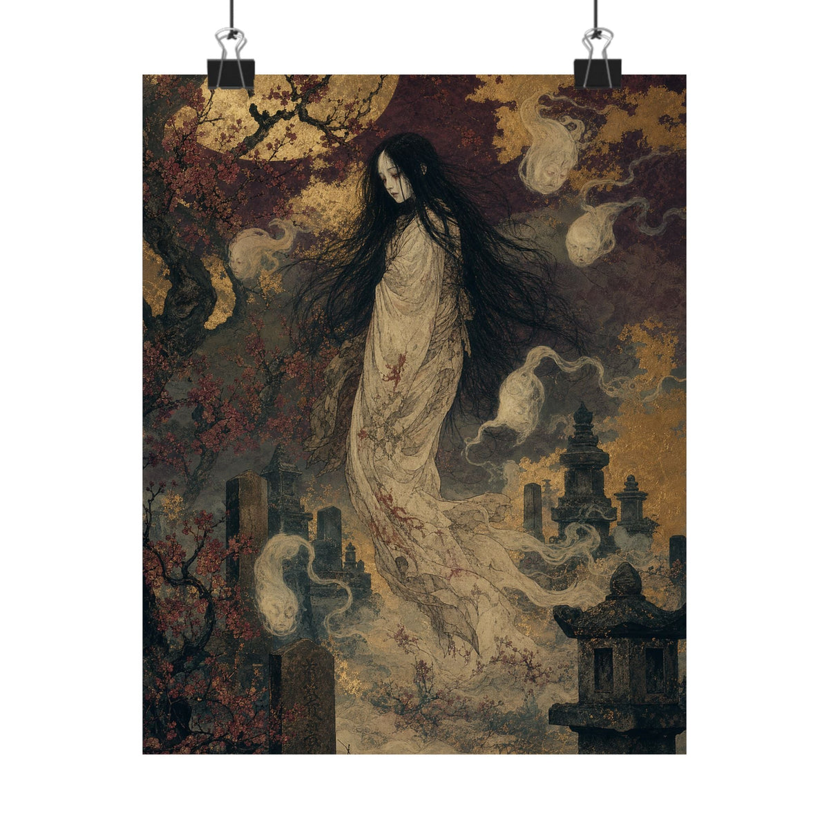 Yurei Ghost In Misty Graveyard - Japanese Mythology Art Print (Matte Poster) - Moikas