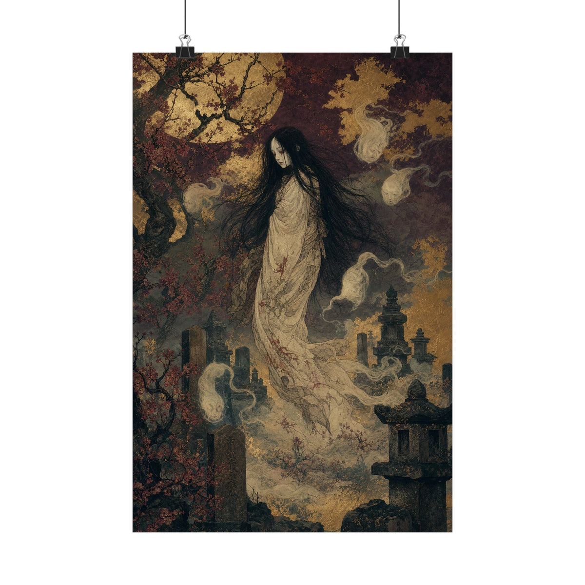 Yurei Ghost In Misty Graveyard - Japanese Mythology Art Print (Matte Poster) - Moikas