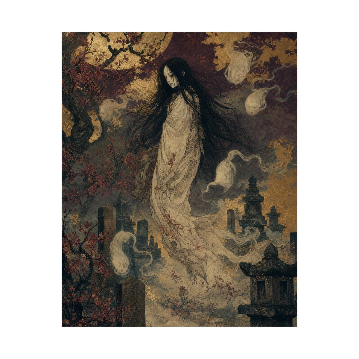 Yurei Ghost In Misty Graveyard - Japanese Mythology Art Print (Matte Poster) - Moikas